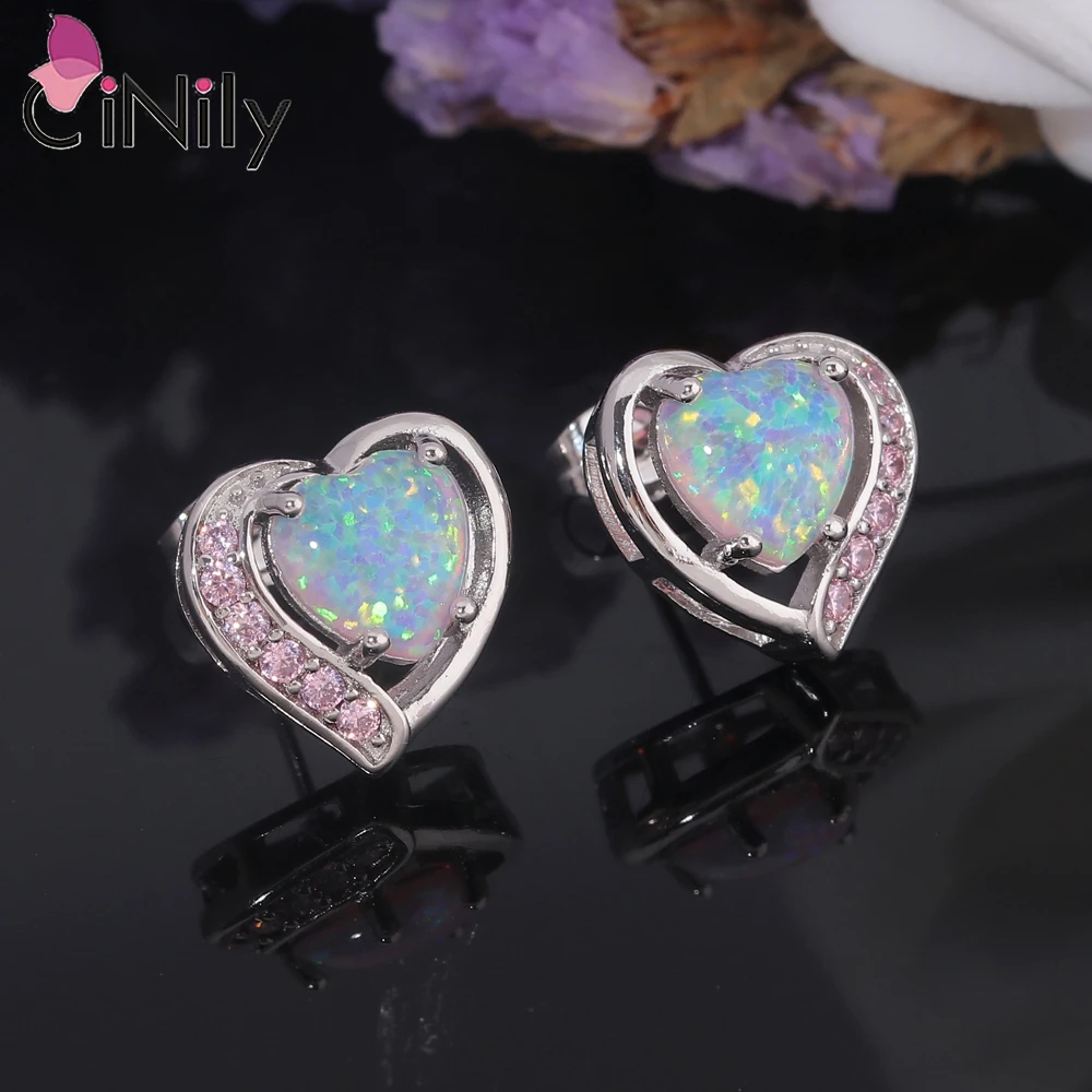 CiNily Created Pink Fire Opal Stud Earrings with Pink Zircon Silver Plated Heart Shaped Earrings Fashion Jewelry for Woman
