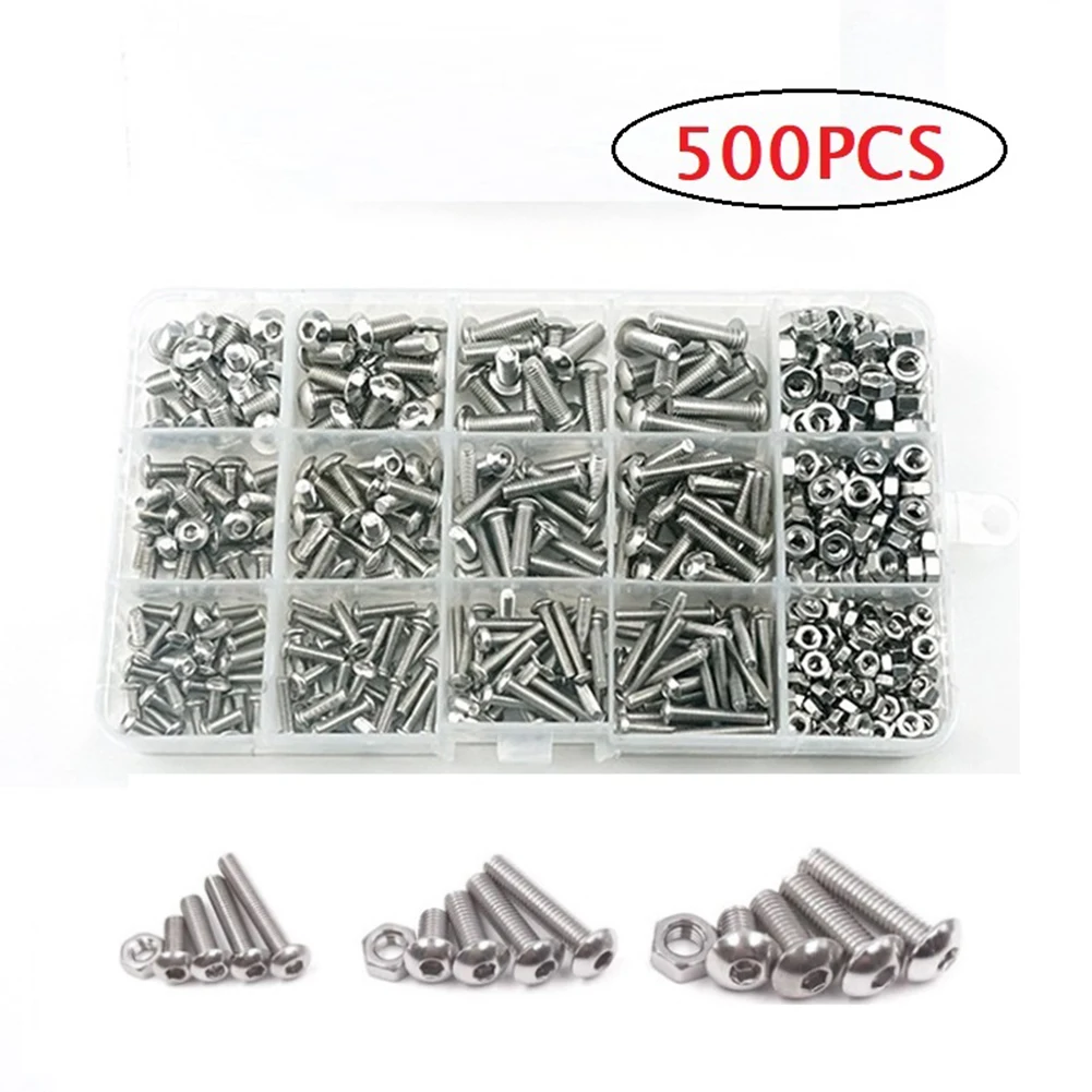 

500pcs/Box Stainless Steel Hex Bolts And Nuts Set Hex Socket Button Head Allen Bolt Screw For Construction Furniture Repair Tool