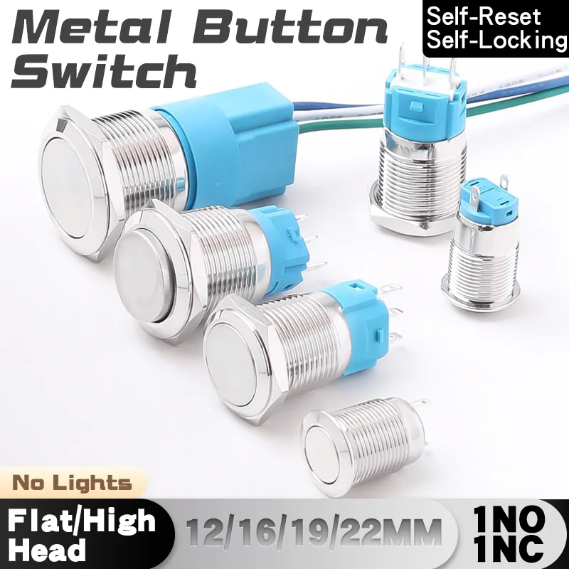 12/16/19/22mm No Lights Metal Push Button Switch 1NO1NC Waterproof Flat/High Head Momentary Latching Stainless Steely