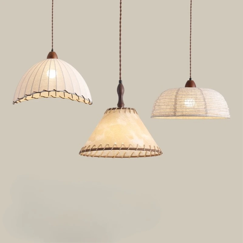 اليابانية الرجعية المخروطية النسيج قلادة LED أضواء ثريا خشبية غرفة المعيشة غرفة نوم مطعم المطبخ خط طويل مصباح معلق #2
