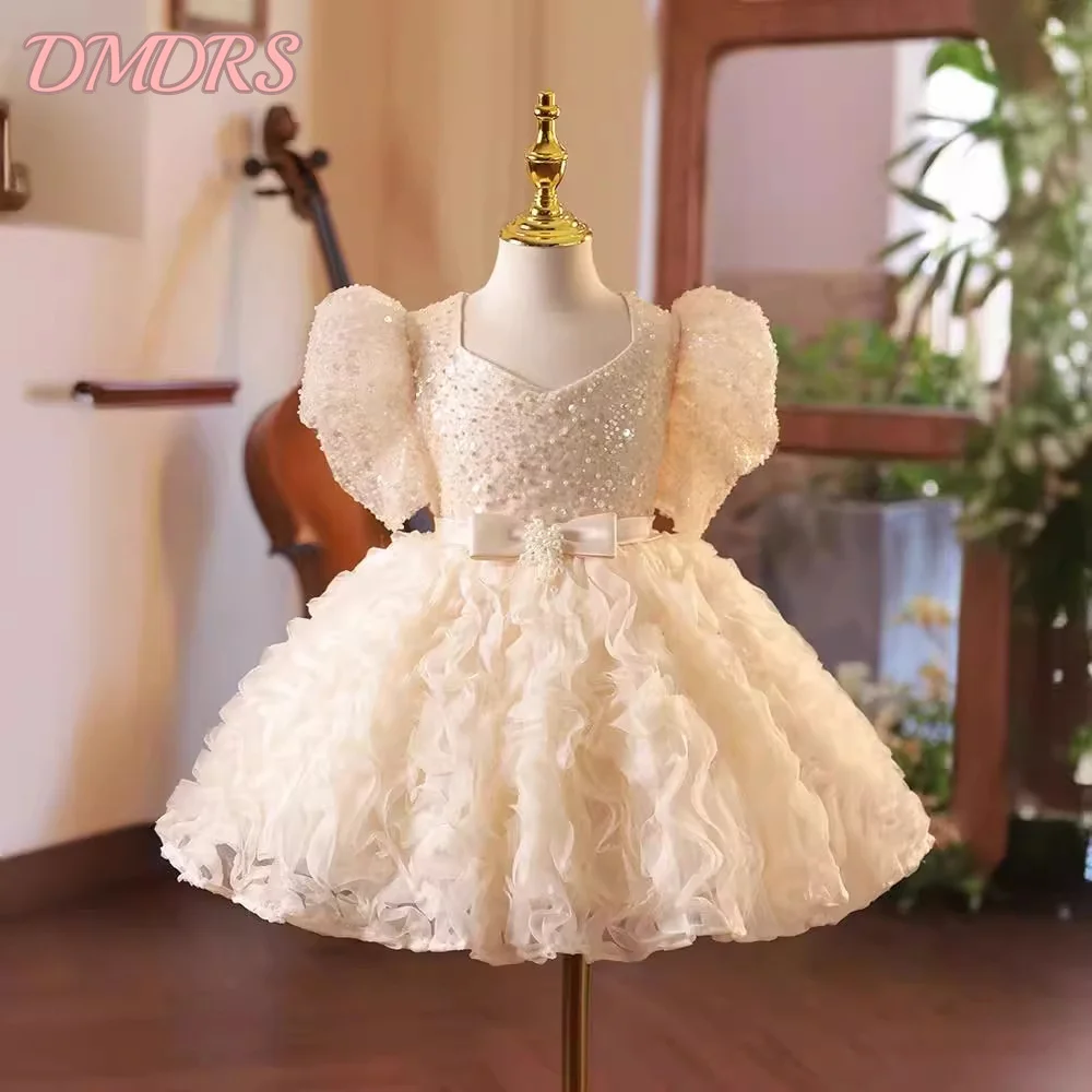 2024 Fashion Cute Sparkly Brithday Girl Dress in primo piano Glitter Flowers and Pearls abbigliamento per la comunione per Kid Puffy Skirt