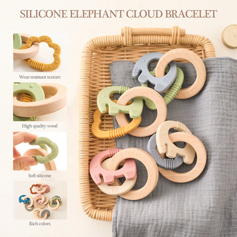 Giocattoli per massaggiagengive in Silicone per bambini giocattoli per la dentizione in Silicone senza BPA braccialetto con anello in legno giocattoli per massaggiagengive giocattoli regalo per bambini in Silicone per uso alimentare