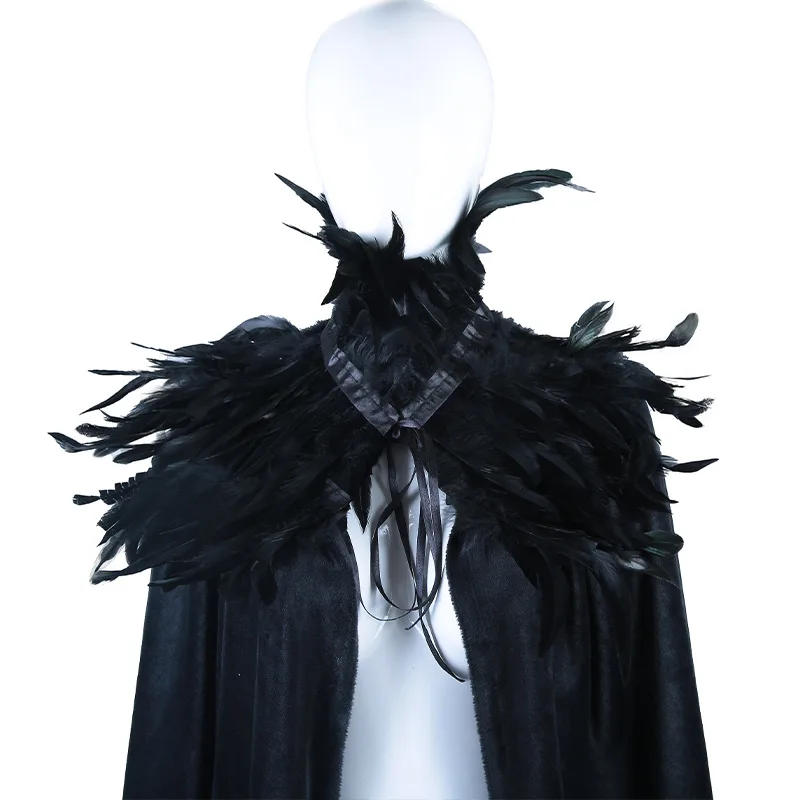 Cosplay Black Evil Witch Cloak Steampunk costumes Feather Collar Light Gauze Cape  Length 180cm Halloween carnival party Adults