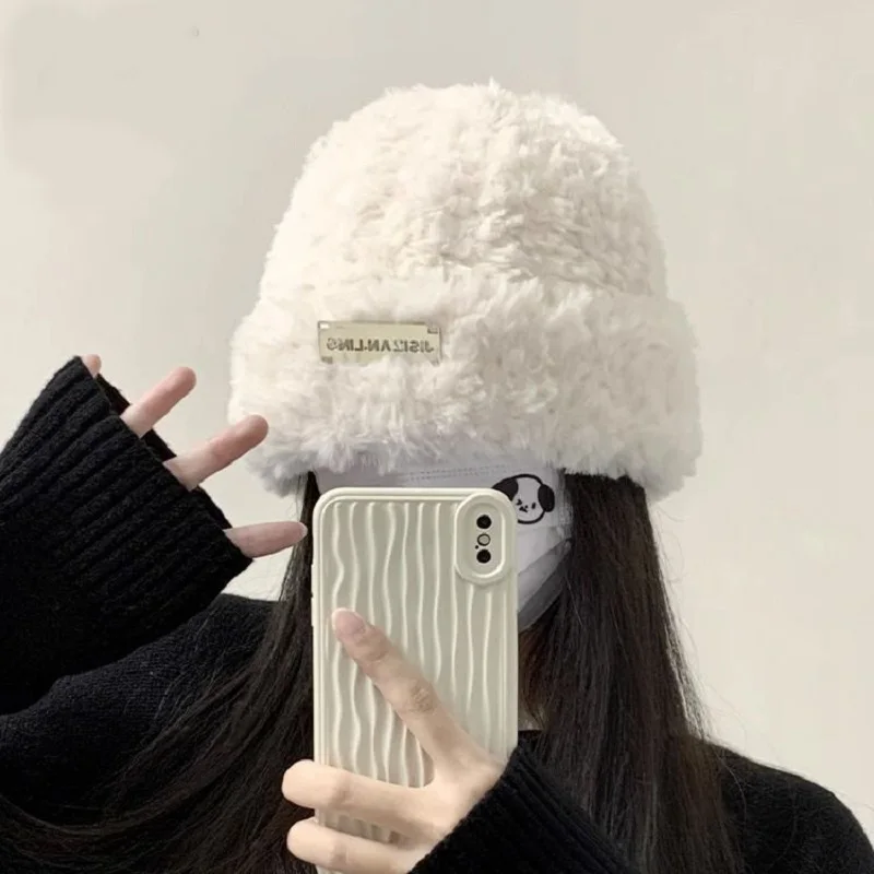 Gorro de punto para mujer, cubierta de cabeza de punto versátil, cara pequeña, cálido y blanco, sombrero frío de felpa, cabeza grande C, nuevo, Otoño e Invierno