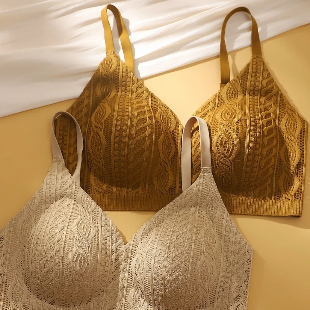

Woven Lace Wireless Deep V Bra Shockproof Anti-sagging Brassiere for Women Close-fitting Adjustable Push Up Underwear Running