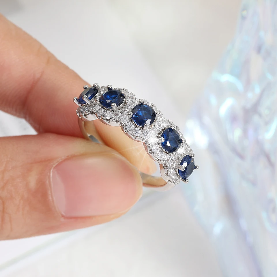 ZAKOLClassic Blue Cubic Zirconia Round Copper Rings For Women Girls Silver Color Metal Crystal Fingers Accessories Jewelry Gifts