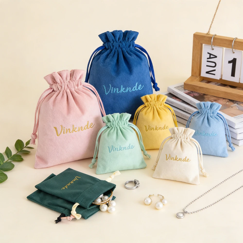 

50Pcs Custom Logo Jewelry Packaging Bag Green Velvet Ribbon Drawstring Bags Personalized Pouch Ring Earring Wedding Gift Dust
