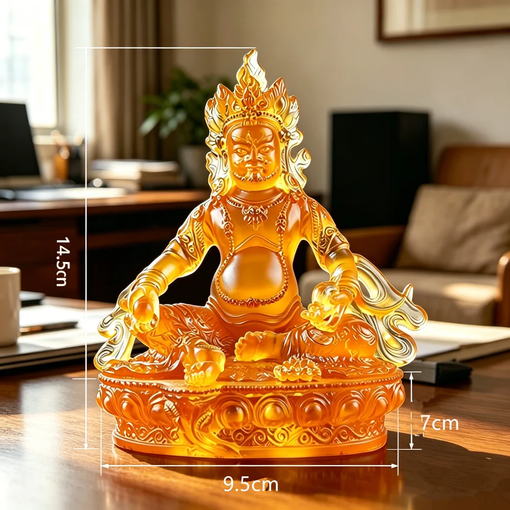 14.5cm Amber Resin Yellow Jambhala Statue, Buddhist God of Wealth Figurine, Feng Shui Ornament for Home Altar & Office