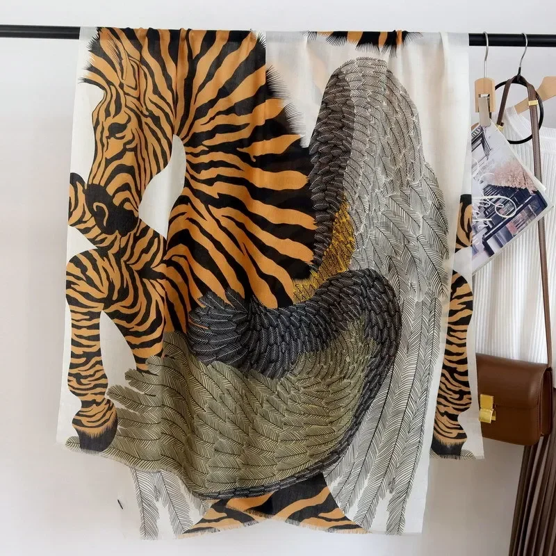 High-end Elegant Women Exquisite Zebra Pegasus Print Quality Water Soluble Wool Handcrafted Fringe Warm Soft Long Scarf Shawl