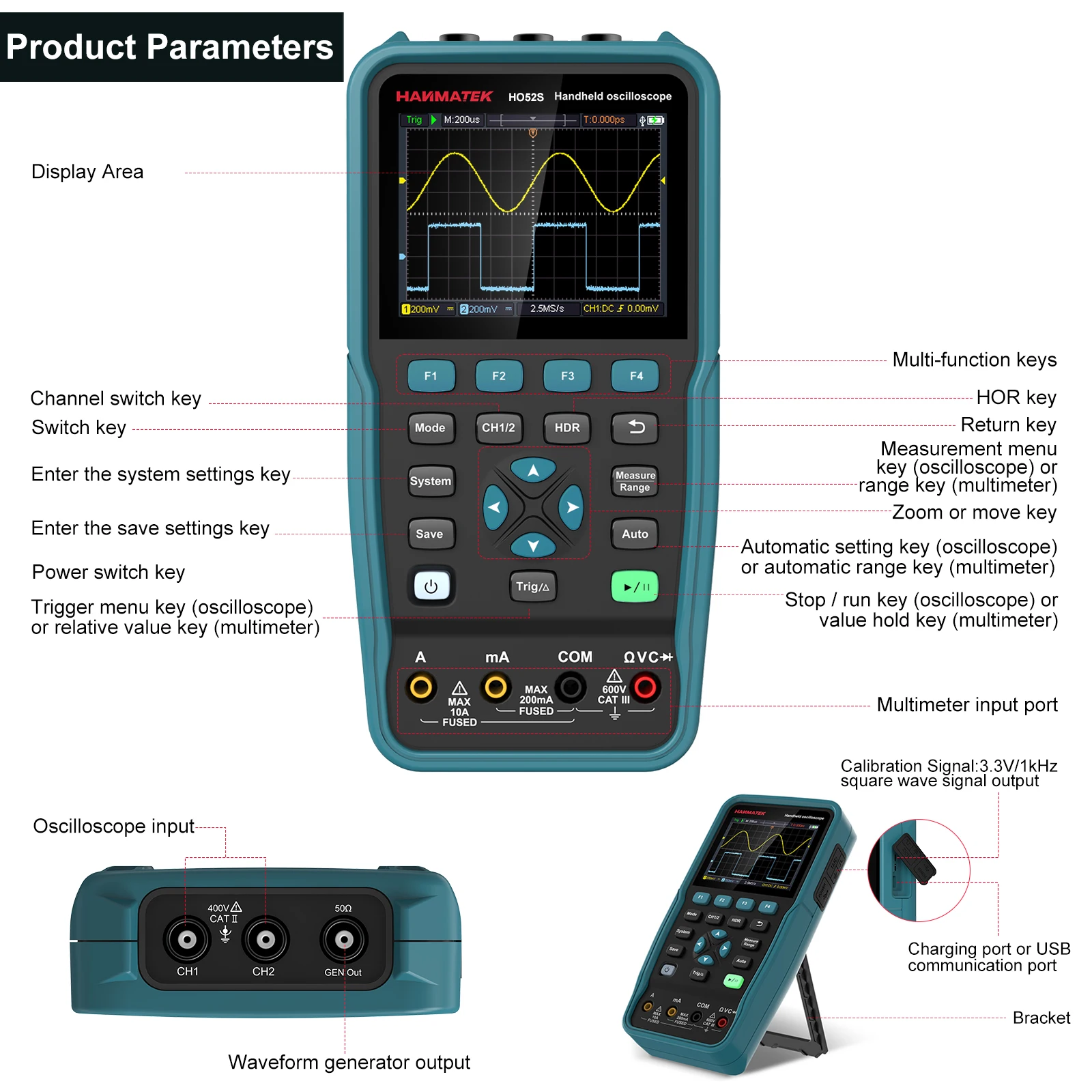 Hanmatek HO52 Digital oscilloscopio multimetro generatore di segnale sorgente Tester per componenti elettronici a doppio canale