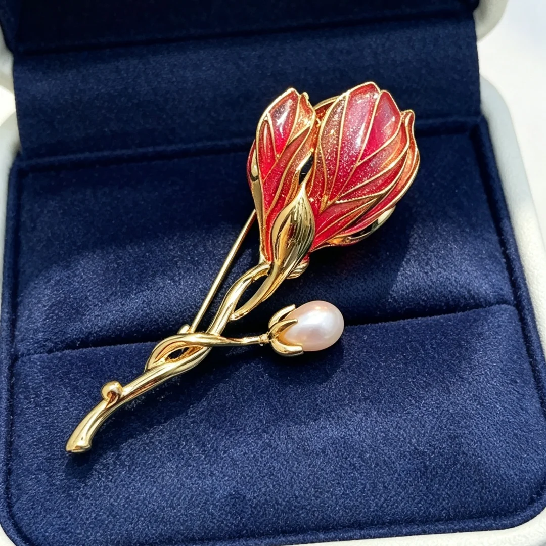 Teacher's Day Gift Freshwater Pearl Enamel Magnolia Flower Brooch Female Temperament Artistic High Sense Suit Accessories Pin