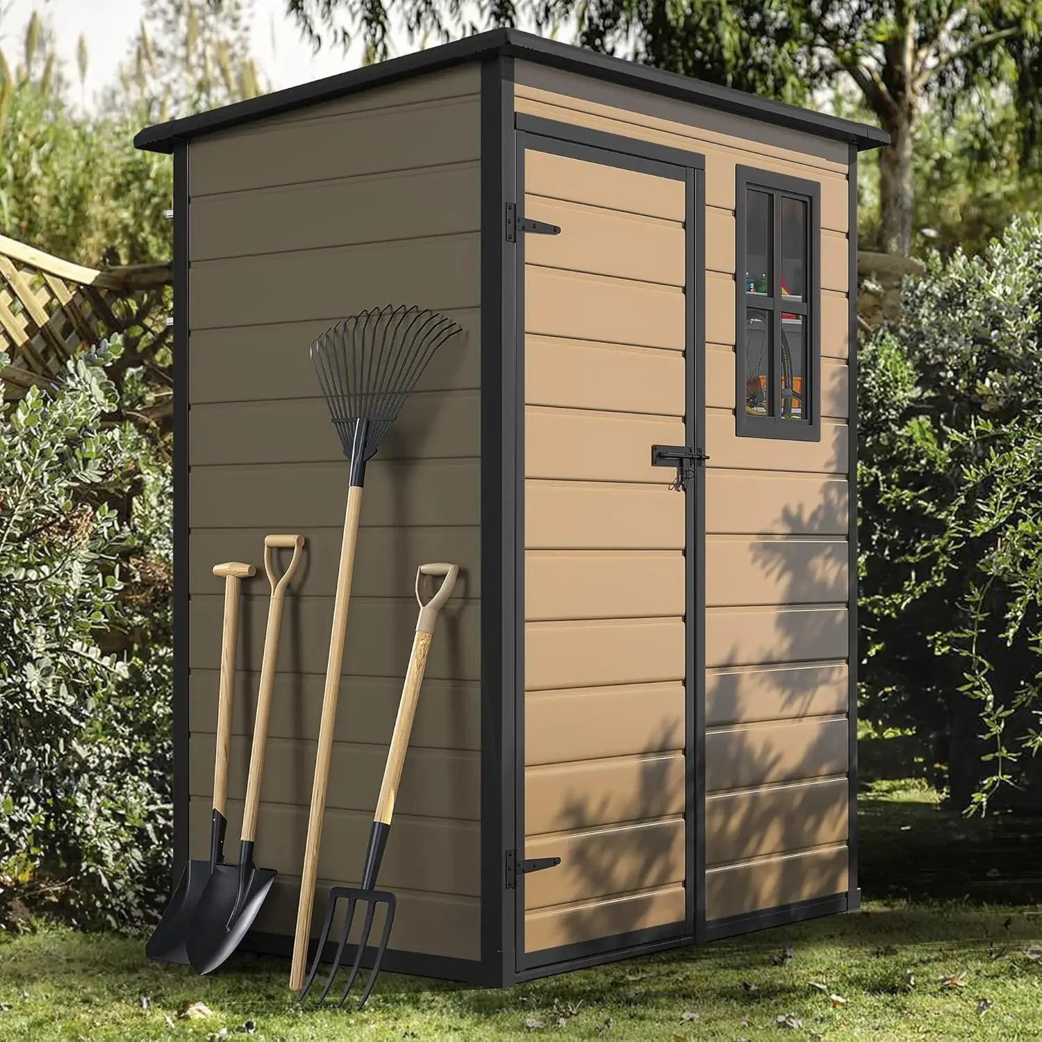 Waterproof Lockable Storage Shed with Window, Plastic Outside Tool Storage for Garden, Backyard, Patio, Lawn,Brown