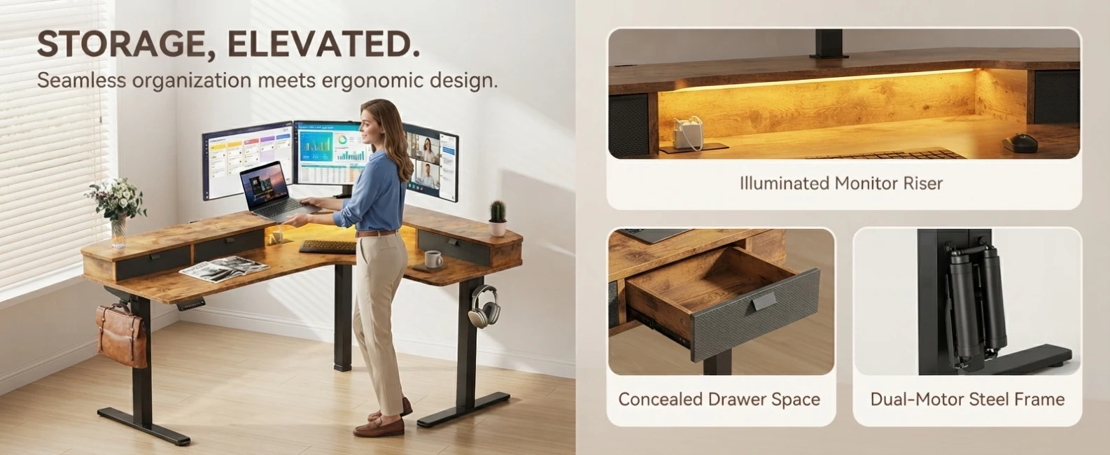 65" L‑Shaped Electric Standing Desk with 3 Drawers, Sit‑to‑Stand Height Adjustable Workstation 4 Memory Presets, Built‑in Power Strip USB‑A&Type‑C, Monitor Riser with LED Light, Cable Management Tray, Dual Motor 220 lbs Corner Desk