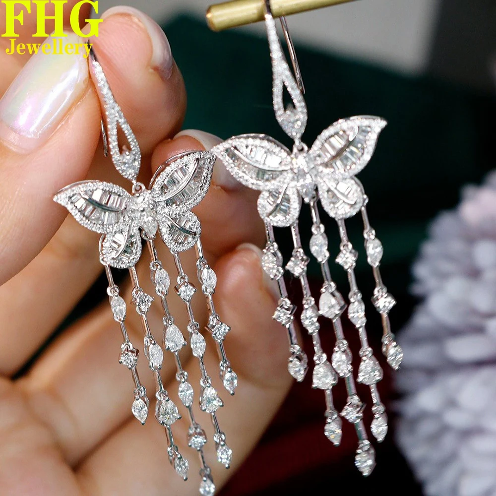 100%Natural Diamonds 3Carat Au750 18K White  butterfly tassels Gold diamond Earring Wedding Party birthyday Engagement