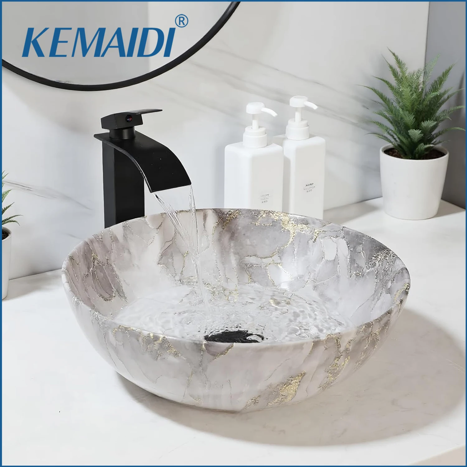 

KEMAIDI Marbling Small Vessel Sink With Black Faucet And Drain Combo Round Ceramic Basin Bowls Gray Above Counter Bowl Sinks