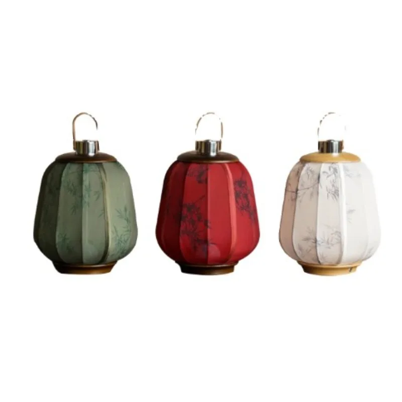 Wireless Portable Palace Lantern Fabric Desk Lamp New Chinese Retro Bedside Lamp Advanced Calligraphy Lamp
