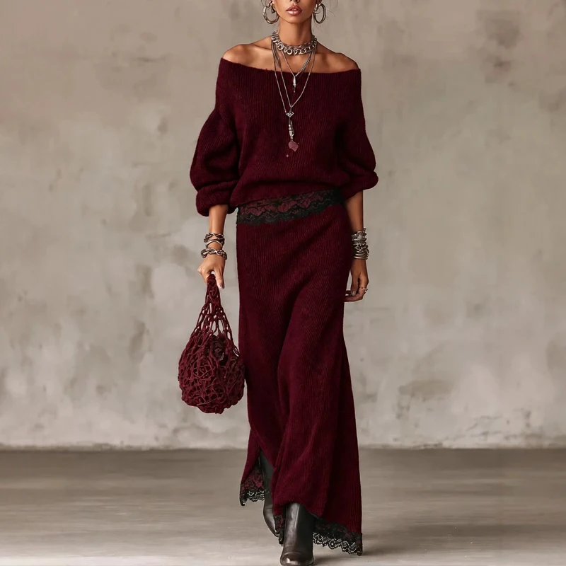 Retro Loose Daily Outfit Off Shoulder Long Sleeved Sweater & Skirt Women's Two Piece Set Autumn Winter Solid Color Knitted Suit
