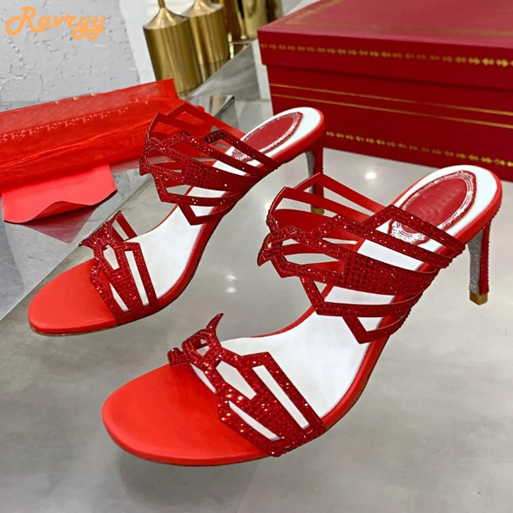 

Black/red Slip On Sandals Stiletto Heel Crystal Shiny Women Slippers Open Toe Hollow Fashion Luxury Sandals Standard Size Shoes