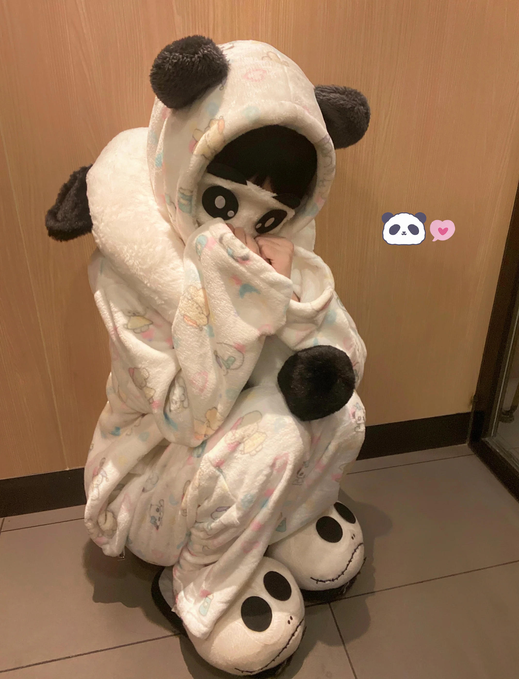 Piyama Panda asli bertudung flanel hangat kartun musim gugur dan musim dingin anak perempuan pakaian tidur piyama telinga lucu set pakaian tidur