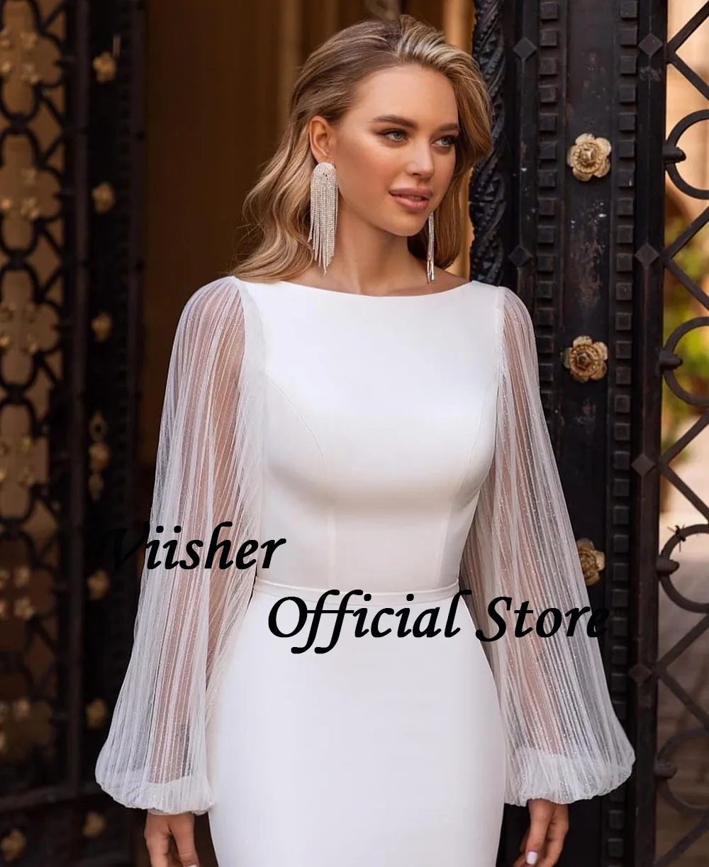 Viisher White Mermaid Wedding Dresses Puffy Long Sleeve Mono Satin Open Back Beach Bride Dress Boho Wedding Bridal Gowns