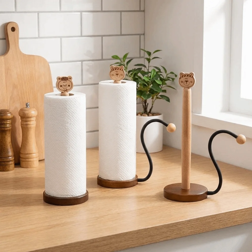 Free Standing Wooden Roll Paper Towel Holder One-handed Tear Stable Vertical Napkins Rack Cartoon Bear Decorative Tissue Stand