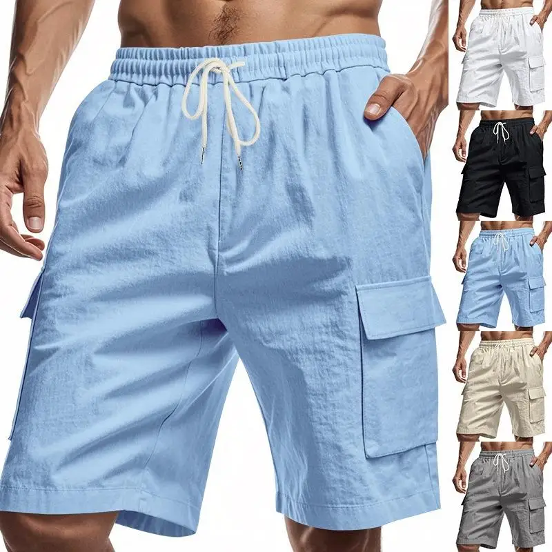 

Men's Breathable Linen Workwear Shorts with Multiple Pockets Street Style Summer Casual Pants Elastic Waist Five-Quarter Length