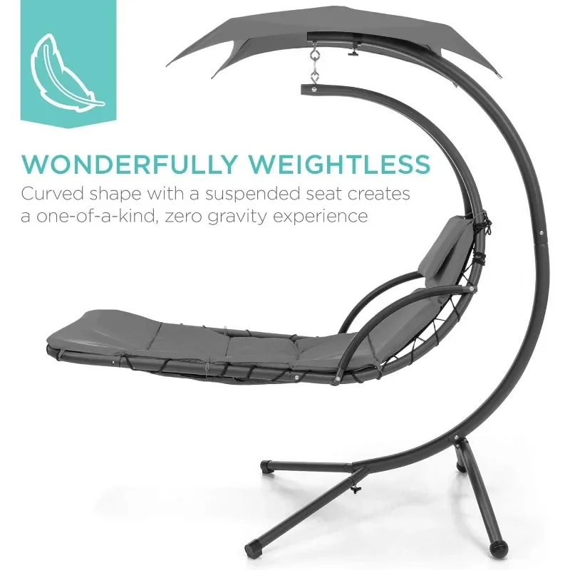 Outdoor Hanging Curved Steel Chaise Lounge Chair Swing w/Built-in Pillow and Removable Canopy - Charcoal Gray