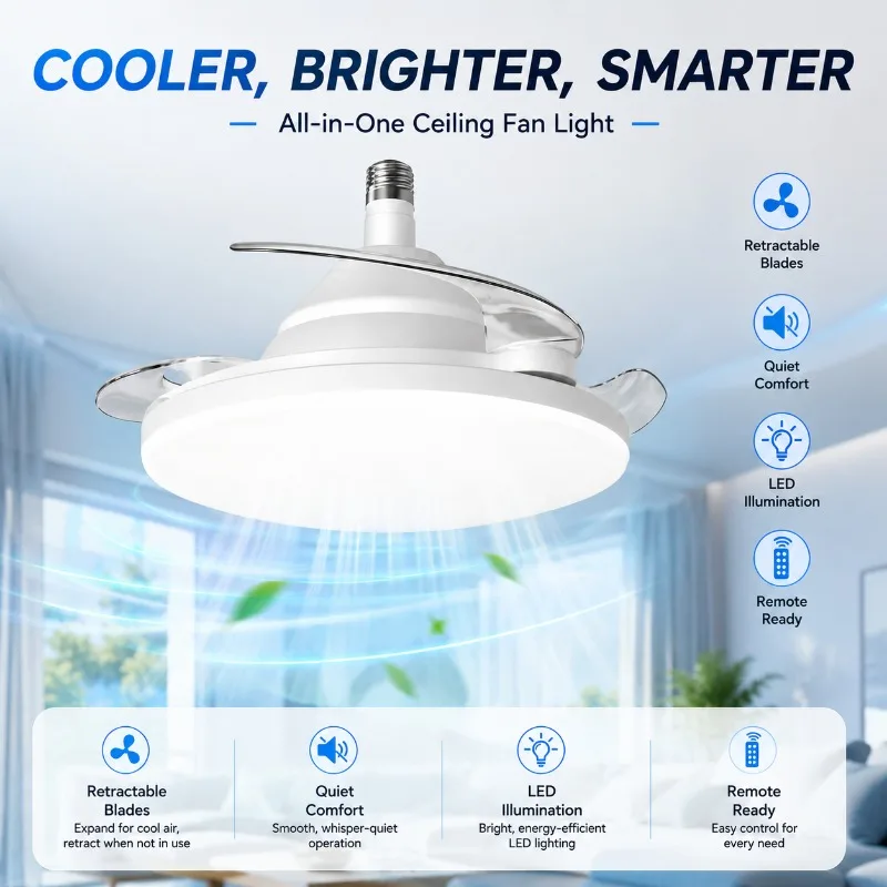 Ceiling Fan Light Quiet 3 Phase Motor Invisible Blades LED Remote Control for Bedroom Living Room Dining Room Modern Home Decor