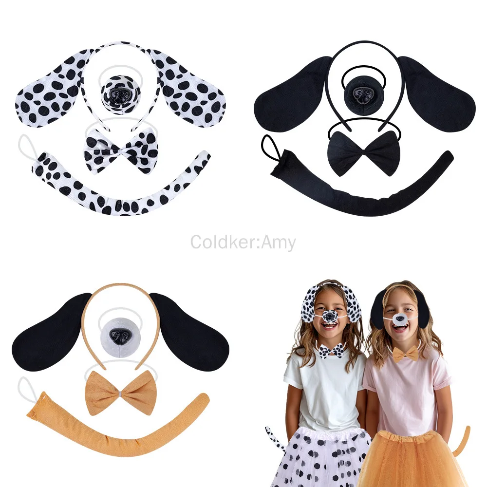 

4 Pcs Animal Costume Set Dog Puppy Ears Headband and Tail Set Nose Bowtie Halloween Costume for Cosplay Theme Party