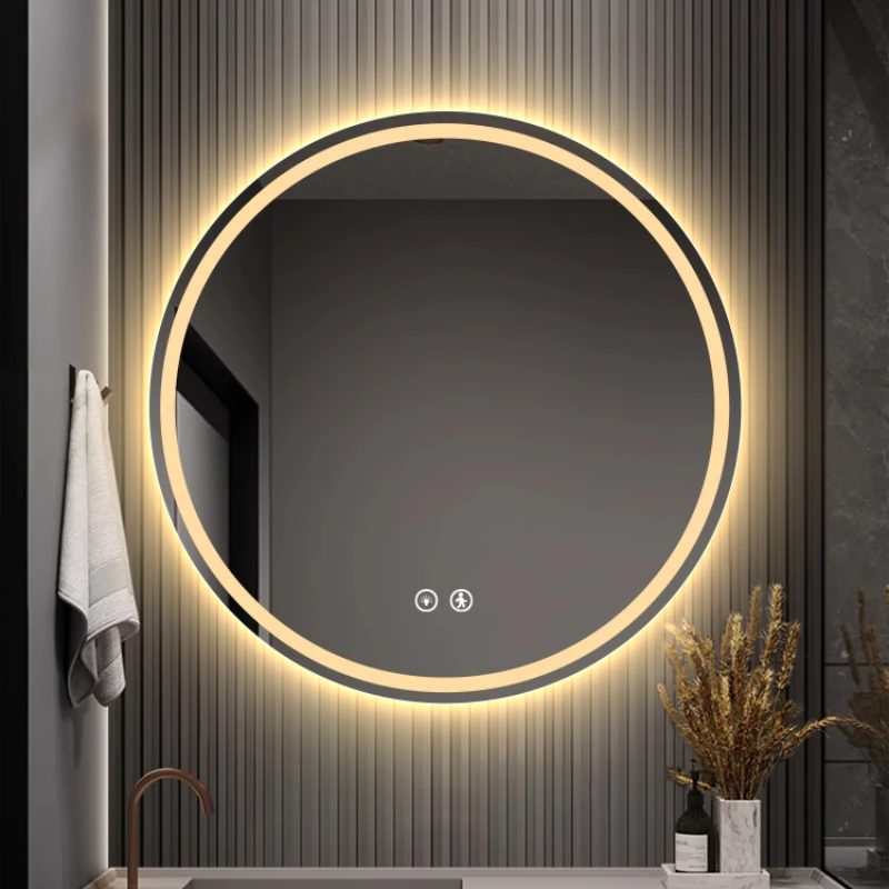 Modern Round Bathroom Mirror Led Lights Wall Mounted Shower Vanity Bathroom Mirror Makeup Large Espejo Pared Room Furniture