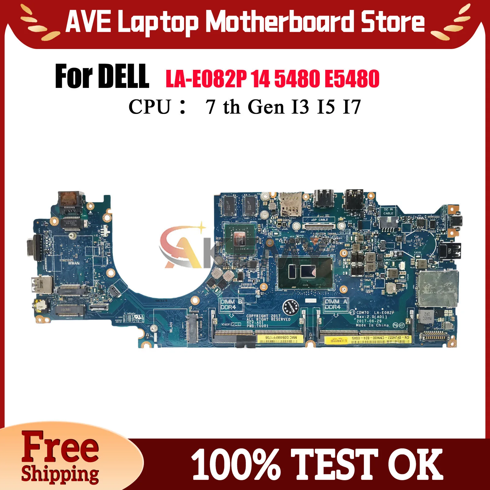 

Материнская плата для ноутбука DELL Latitude 5480 E5480 LA-E082P с процессором i5 i7-6/7-го поколения V2G CN-0YYRGW 0XDPDM, 100% протестировано, ОК