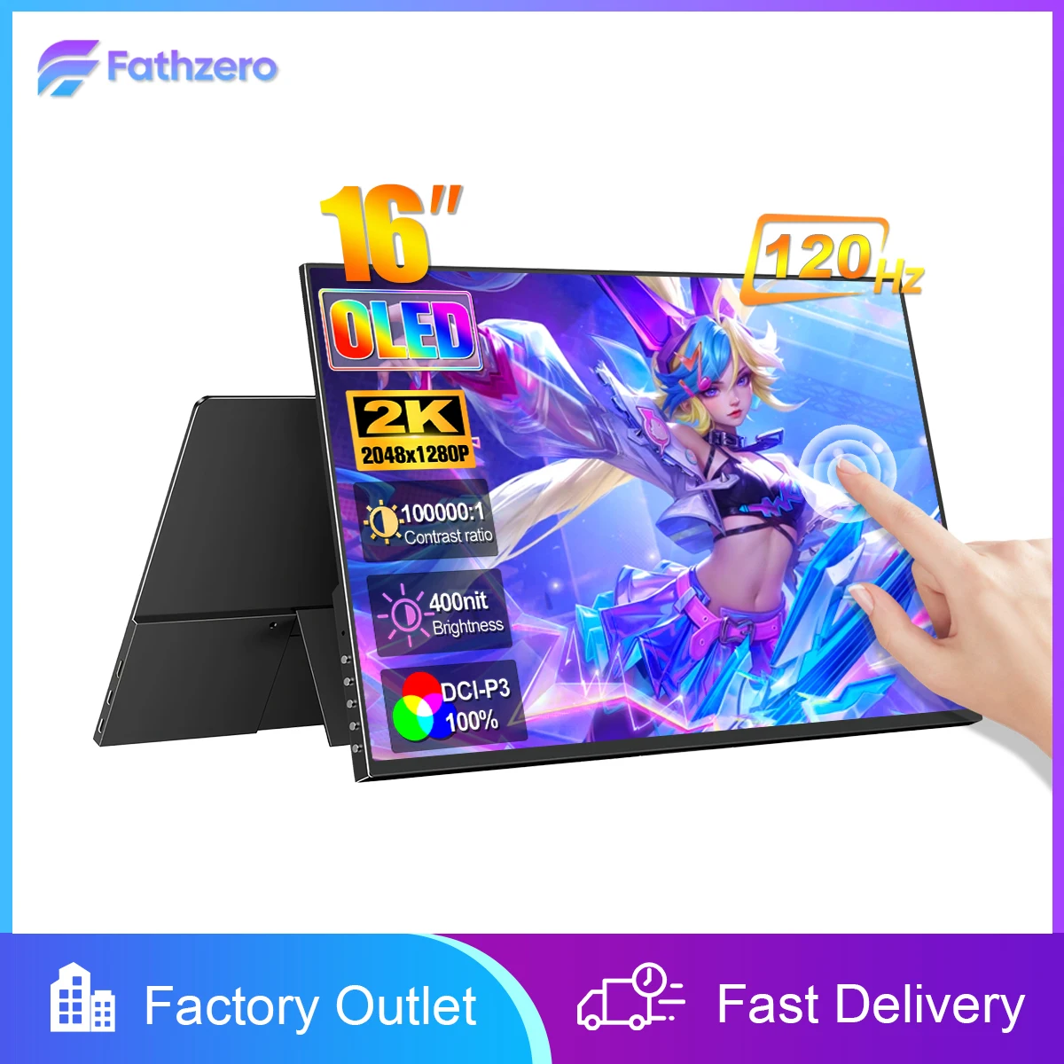 16-inch OLED Touch screen 120Hz Gaming Monitor Portable 2K 1MS Eye Care Display USB C HDMI For Laptop Mac Phone Mini PC PS5 VESA