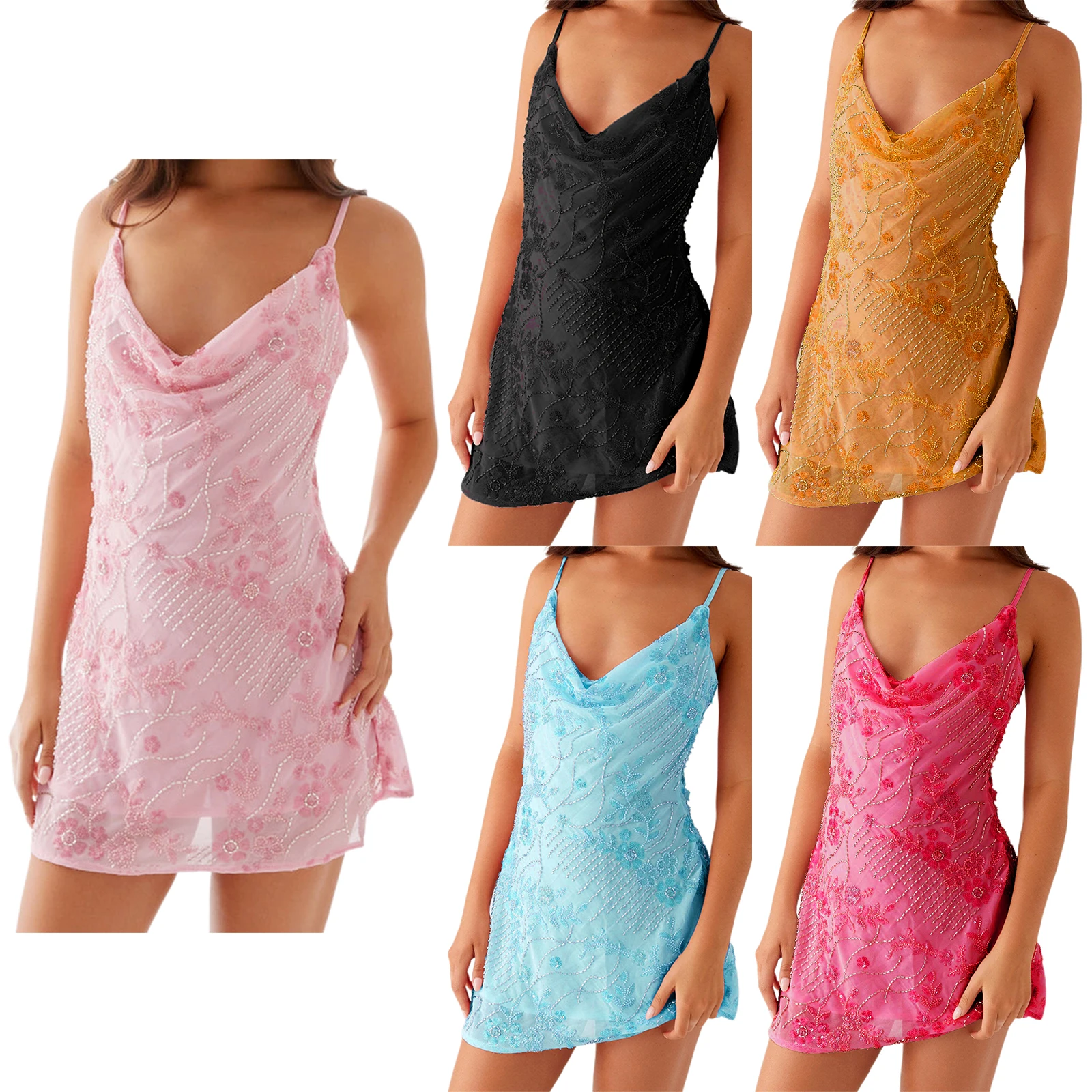 Women Mini Dress Sequins Beaded Embroidery Cowl Neck Cami Dress Summer Fashion Sleeveless Dress