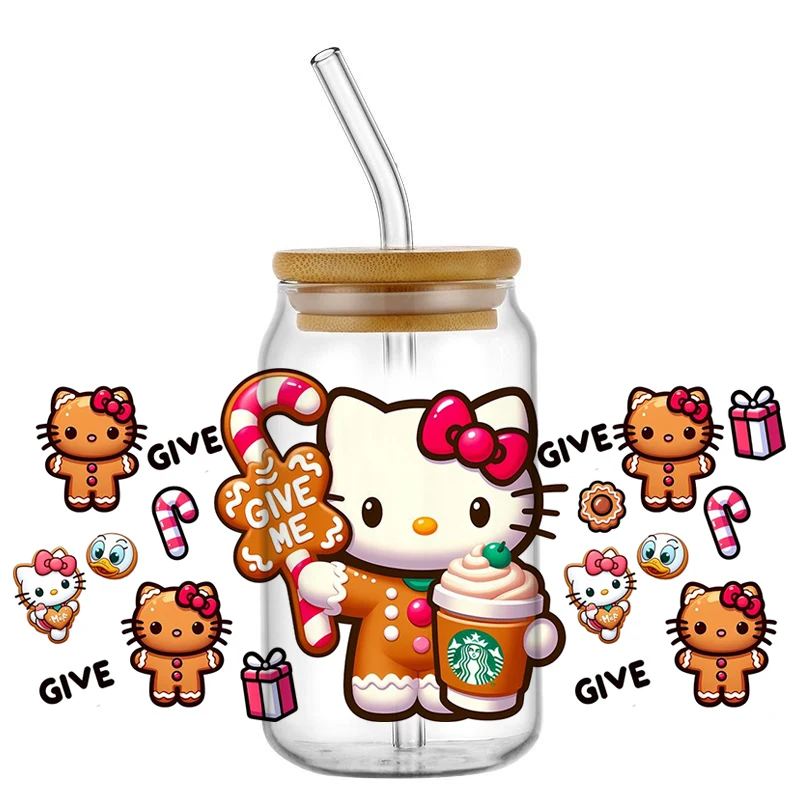 Miniso Christmas Hello Kitty Cat Gingerbread Man 3D UV DTF Cup Wrap for 16oz Libbey DIY Cartoon Washable Cup Transfers Sticker