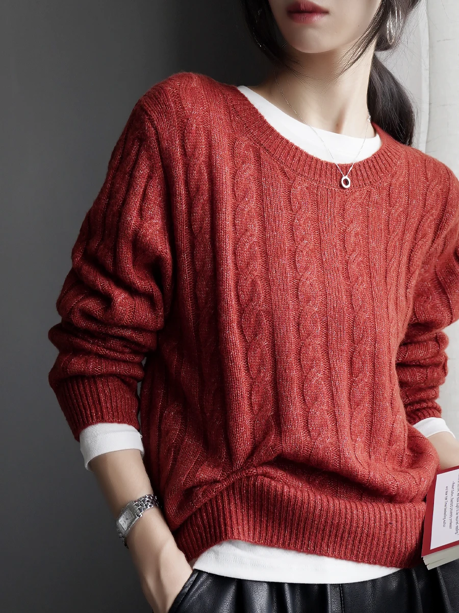 

Warmo2025 женский круглый вязаный свитер из шелковой шерсти, свободный крой, винтажный текстурированный мягкий длинный топ све на осень