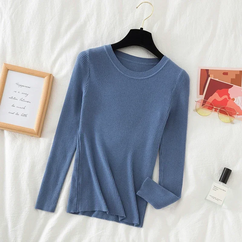 Otoño Invierno jerseys con cuello redondo partes superiores nuevas suéteres camisa de manga larga ajustadas coreanas suéter ajustado rosa caqui azul 2025
