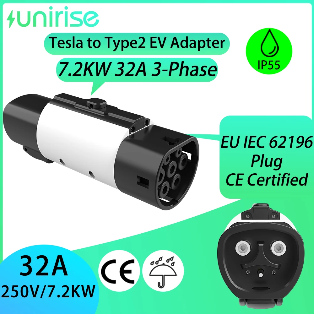 Unirise Tesla to Type2 EV Adapter 32A 7.2KW 250V Converter for NACS Charging station to IEC 62196 electric car Charger AC type 2