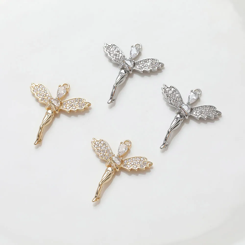 

2PCS Dainty Zircon Angel Pendant Charms for Jewelry Making Necklace Findings DIY Hand Made Brass 14k Gold Plated 23*27mm