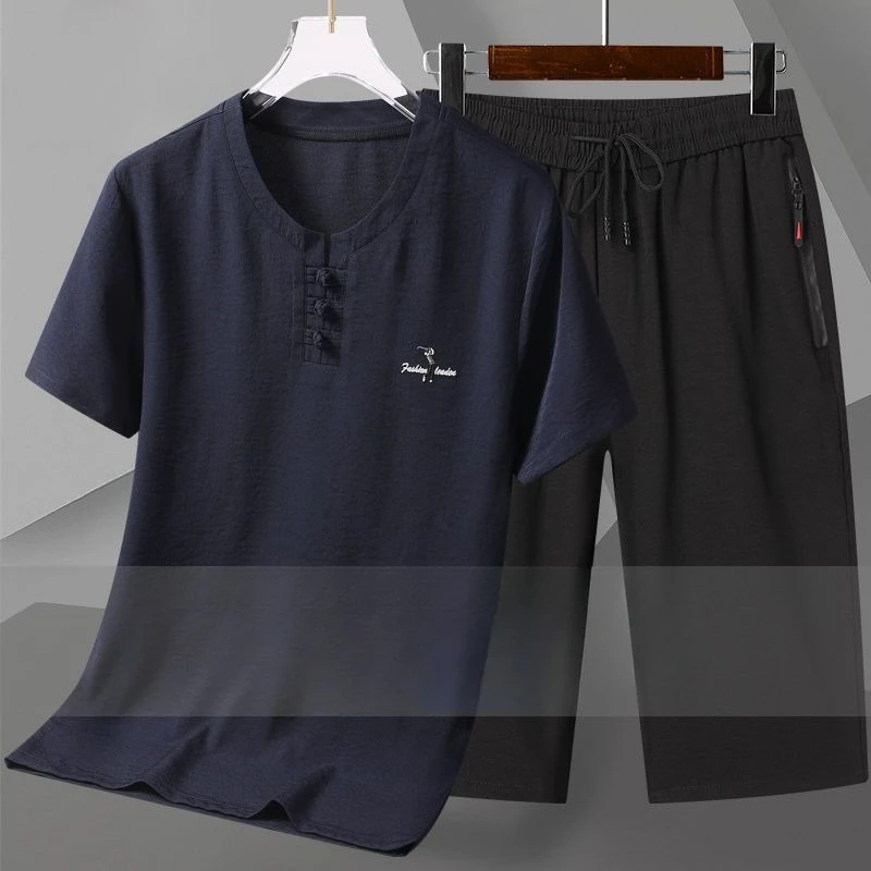 Men's Spring Summer Suit Short Sleeve Shorts Seven Pants Ice Silk Breathable Pure Color Simple Comfortable Versatile Slimming
