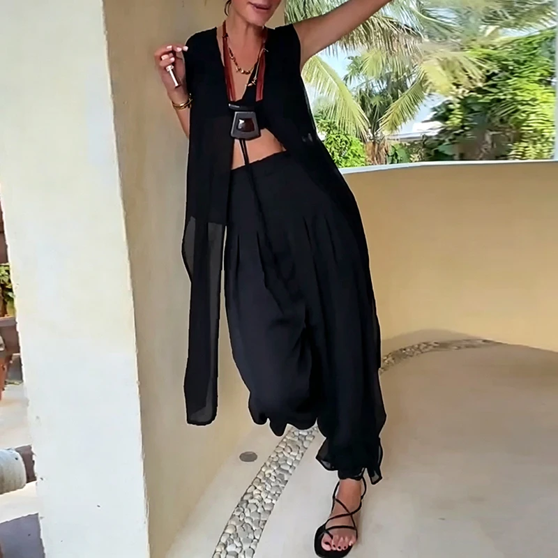 Vacation Hollow Out Women's Outfit Summer Chiffon Loose Irregular Suit Casual O Neck Sleeveless Vest Top and Pants Two Piece Set