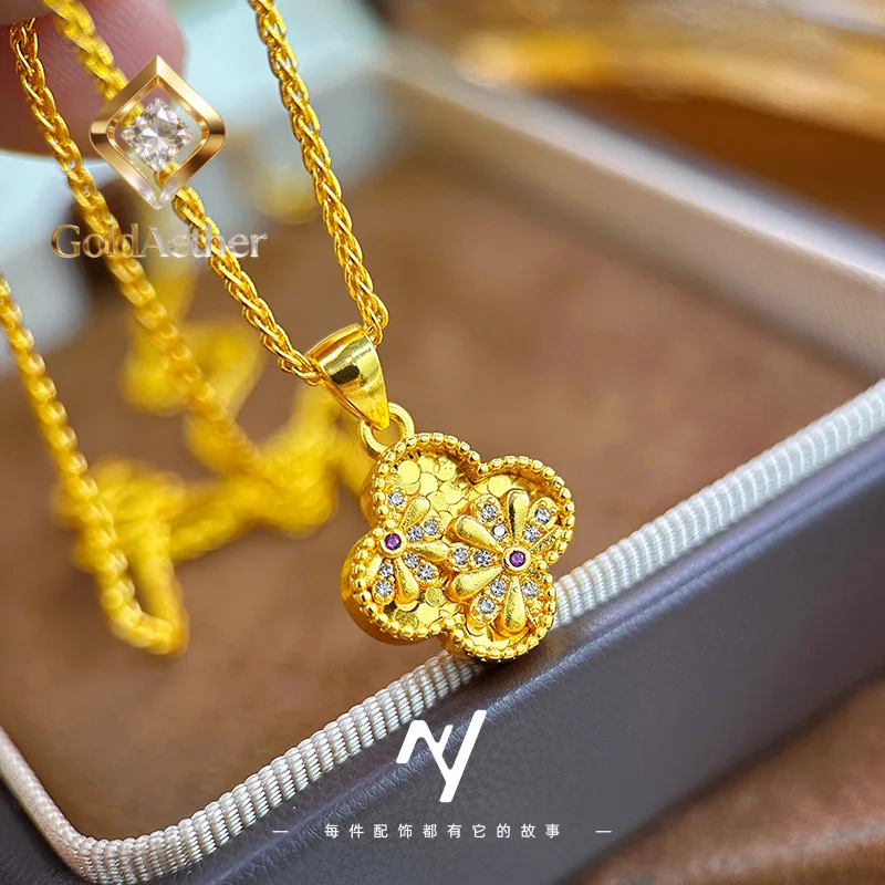 

GoldNouveau Luxury 24K 9999 Pure Gold real gold Point Drill Little Daisy Lucky Grass Pendant Clavicle Necklace