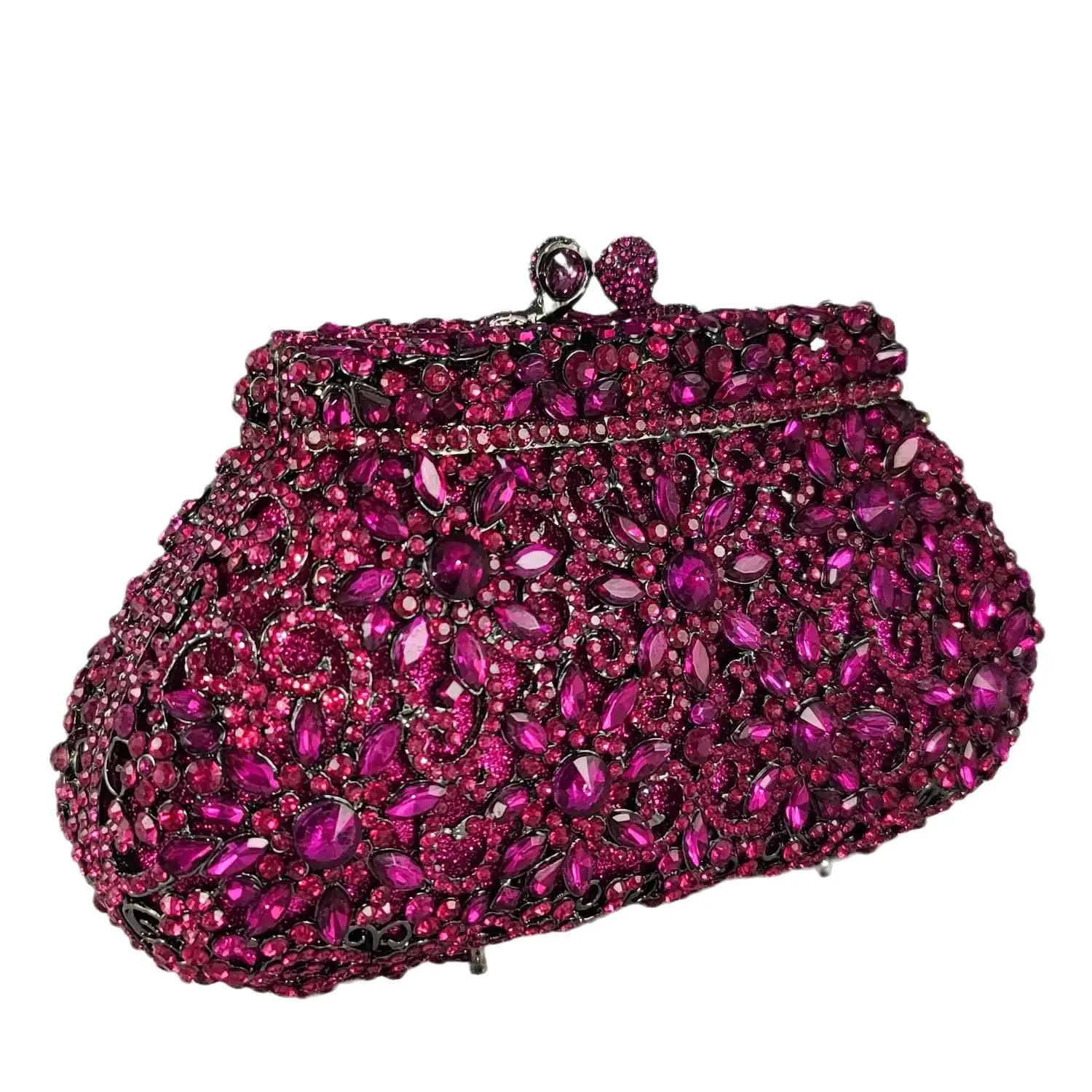 Boutique De FGG Fuchsia Crown & Flower Women Crystal Clutch Evening Handbags Party Dinner Wedding Bridal Rinestone Purse