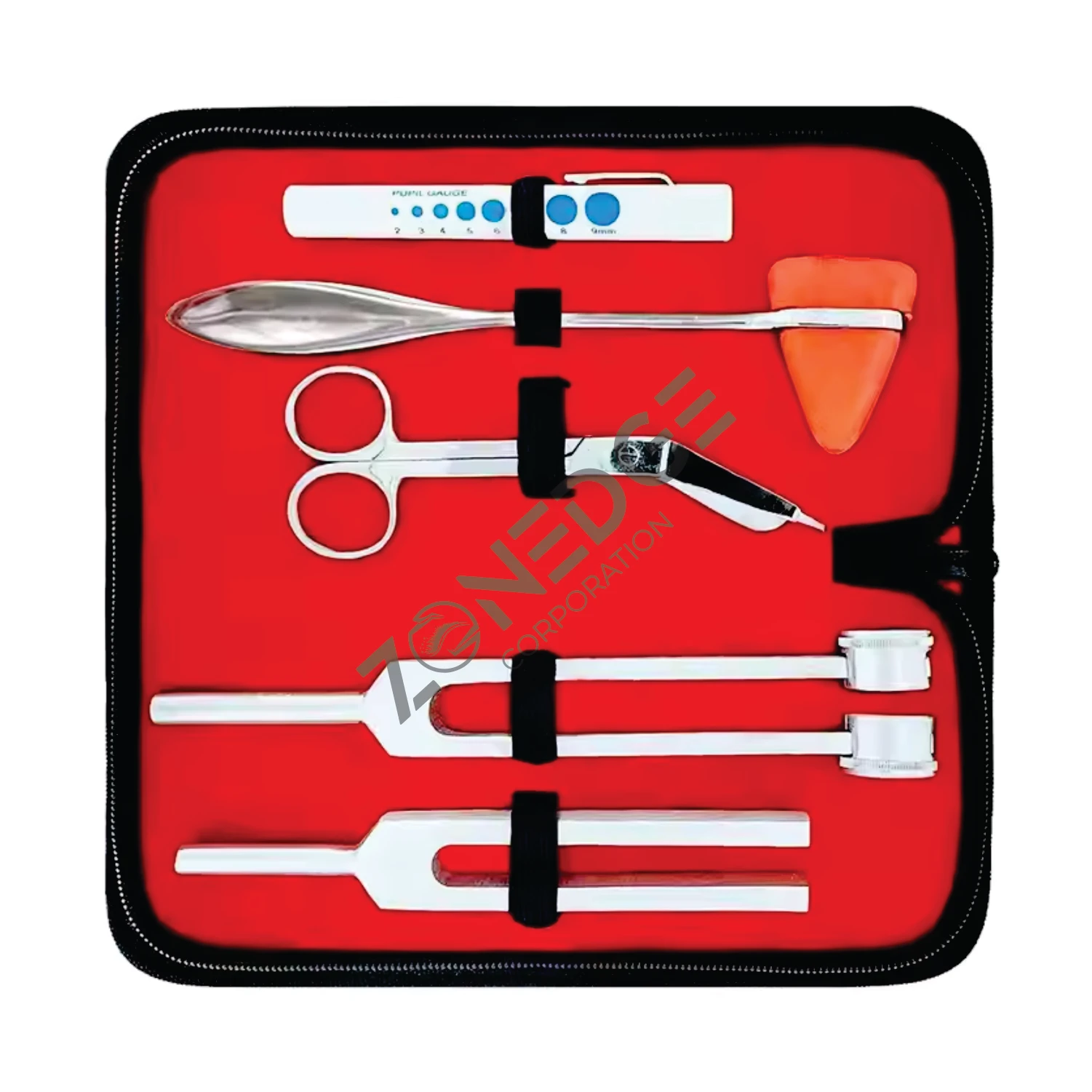 

Premium 6-Piece Set of Percussion Taylor Reflex Hammer-Tuning Forks-Bandage Scissors-Pupil Gauge Pen Light in Carrying Case