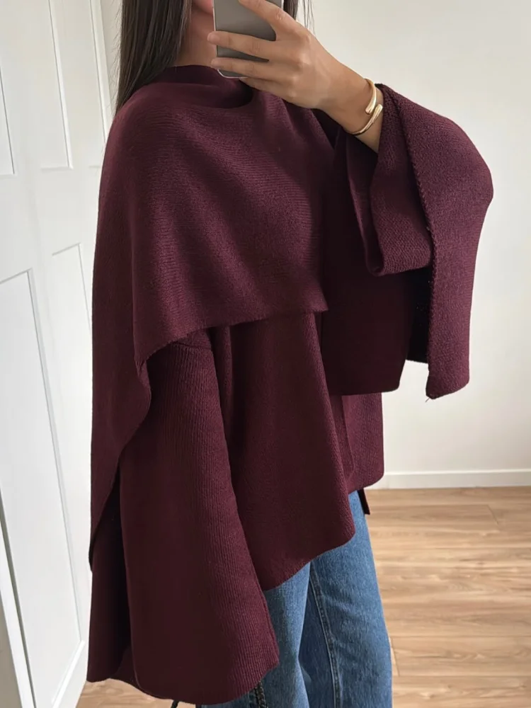 New Women\'s Burgundy Red Fashion Scarf Collar Coat 2024 Elegant Loose Long Sleeves Wool Blend Jacket Female Chic Fall Streetwear