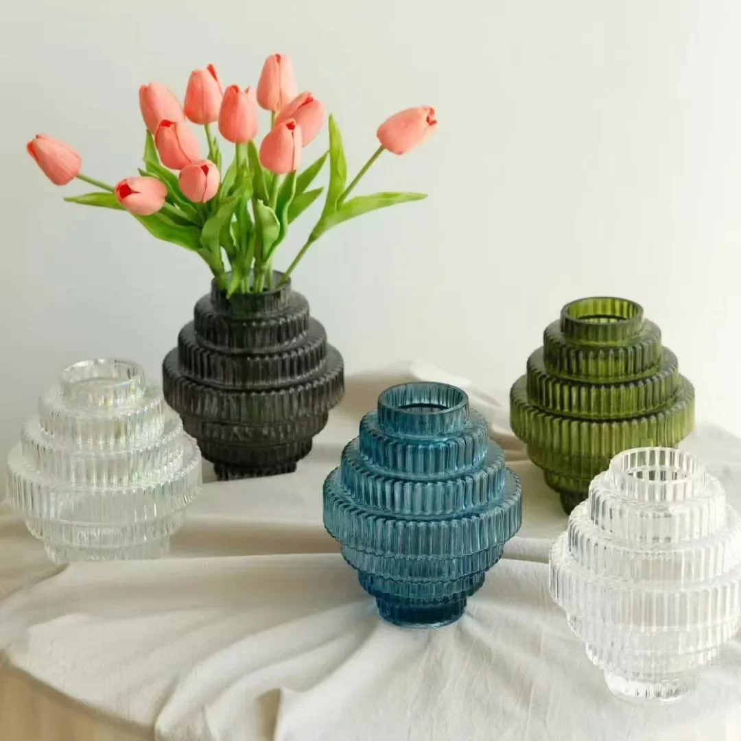 Creative Glass Vase Vertical Grain Tower Shaped Transparent Flower Vase Hydroponics Terrarium Home Decoration Accessories
