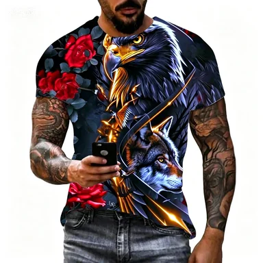 Eagle and Snake Printed T-shirt Loose Breathable Trendy Brand Men's Short Sleeve