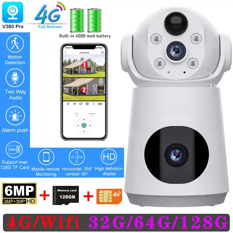 6MP 4G/WiFi IP Camera Baby Monitor Built-in Battery PIR HD Human Detection Cam Secuiry Surveillance Video Dual Lens Dual Screen