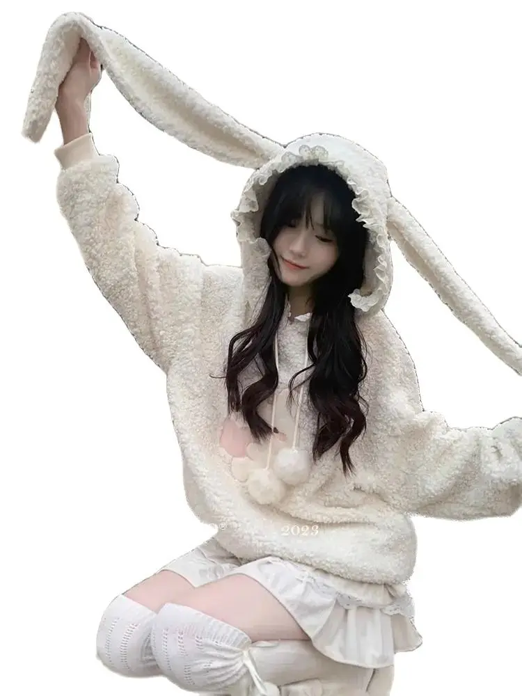 Long Ears Loose Lamb Wool Hoodies Embroidery Rabbit Aesthetic Grunge Sweatshirts Women Tops Cute Drawstring Pullover