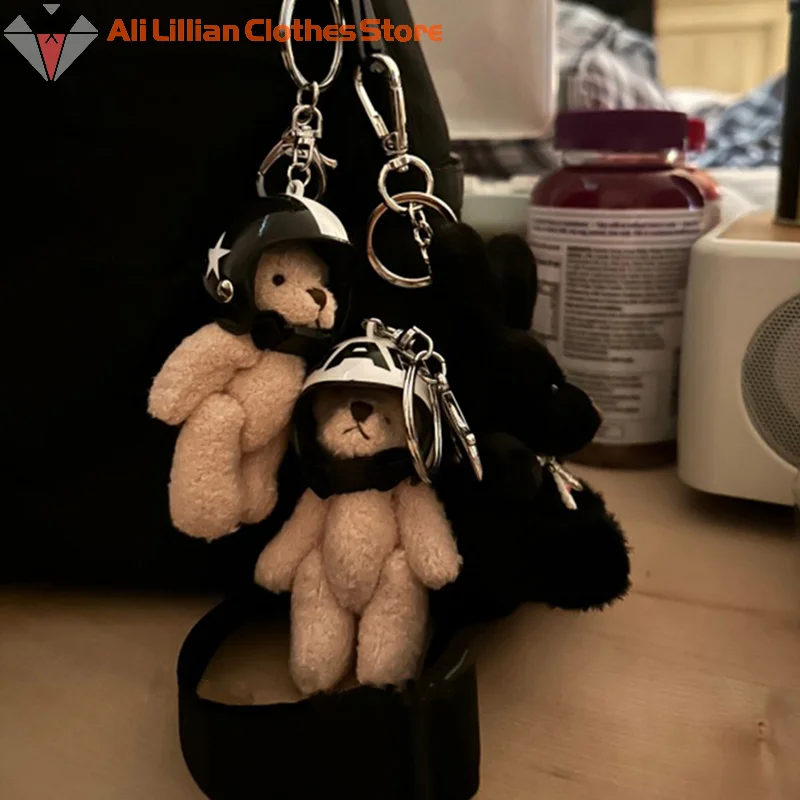 Lovely Helmeted Bear Charm Keychains Y2K Plush Ornament Pendant Car Keyring Backpack Decoration Bag Charm Jewelry