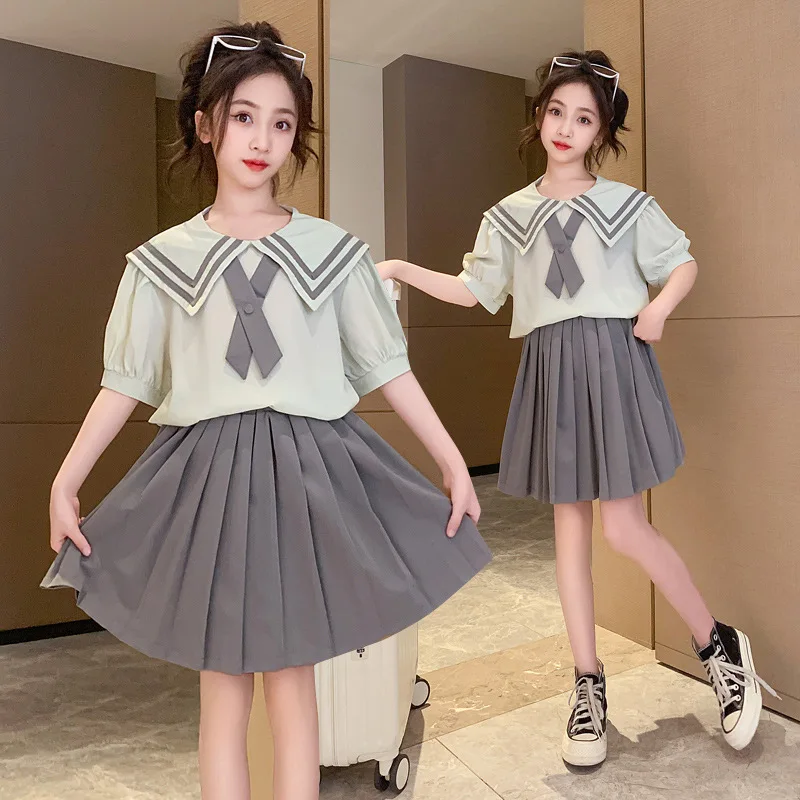 

Korean Summer School Girl Academic Style Suit Children Girl Lapel Bowknot Short Sleeve Tops+Pleated Skirt Students Clothes Sets